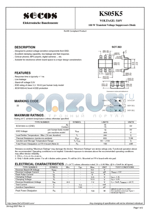 KS05K5 datasheet - 100W Transient Voltage Suppressors Diode