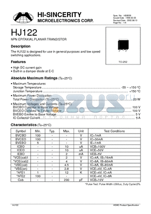 HJ122 datasheet - NPN EPITAXIAL PLANAR TRANSISTOR