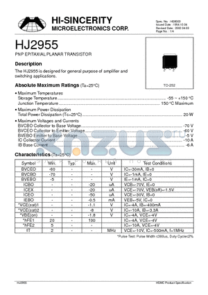 HJ2955 datasheet - PNP EPITAXIAL PLANAR TRANSISTOR