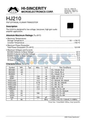 HJ210 datasheet - PNP EPITAXIAL PLANAR TRANSISTOR