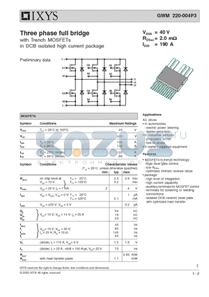 GWM220-004P3 datasheet - Three phase full bridge with Trench MOSFETs in DCB isolated high current package
