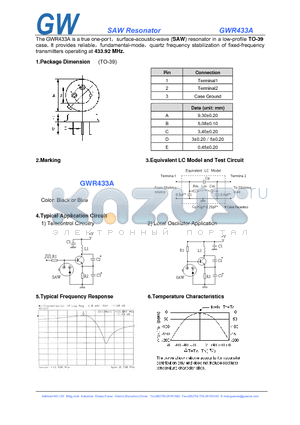 GWR433A datasheet - True one-Port, Surface-acoustic-wave (SAW) Resonator in a Low-Profile