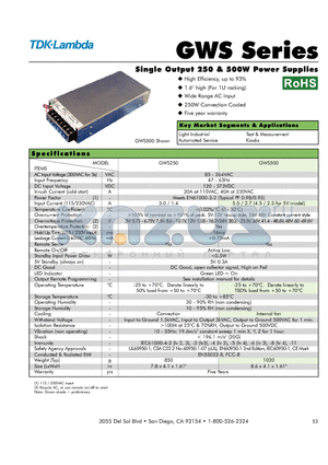 GWS500-12 datasheet - Single Output 250 & 500W Power Supplies