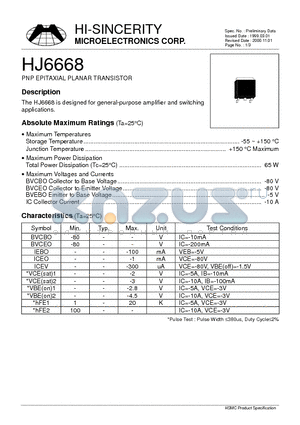 HJ6668 datasheet - PNP EPITAXIAL PLANAR TRANSISTOR