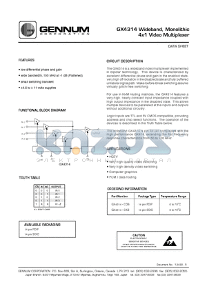 GX4314 datasheet - Wideband, Monolithic 4x1 Video Multiplexer