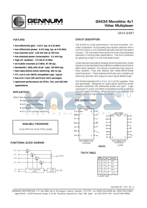 GX434 datasheet - GX434 Monolithic 4x1 Video Multiplexer