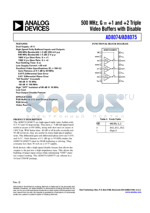 AD8075ARUZ datasheet - 500 MHz, G = 1 and 2 Triple Video Buffers with Disable