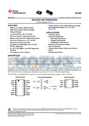 ISO1050DWR datasheet - ISOLATED CAN TRANSCEIVER