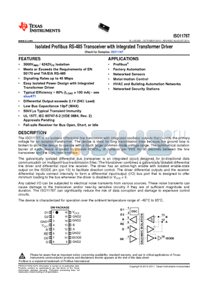 ISO1176T datasheet - Isolated Profibus RS-485 Transceiver with Integrated Transformer Driver