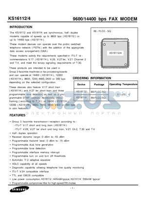 KS16112 datasheet - 9600/14400 bps FAX MODEM