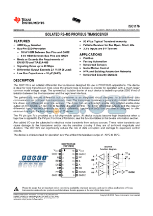 ISO1176DWR datasheet - ISOLATED RS-485 PROFIBUS TRANSCEIVER