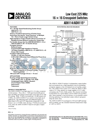 AD8115 datasheet - Low Cost 225 MHz 16 X 16 Crosspoint Switches