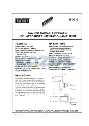 ISO213 datasheet - Two-Port Isolated, Low Profile ISOLATED INSTRUMENTATION AMPLIFIER