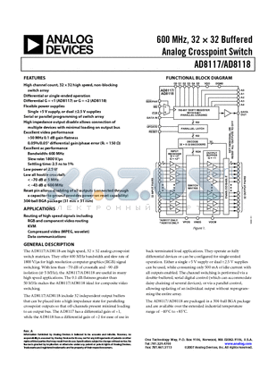 AD8118 datasheet - 600 MHz, 32  32 Buffered Analog Crosspoint Switch