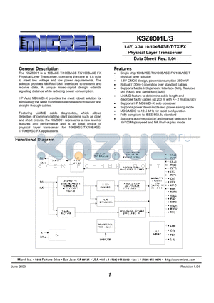 KS8001S datasheet - 1.8C, 3.3V 10/100BASE-T/TX/FX Physical Layer Transceiver