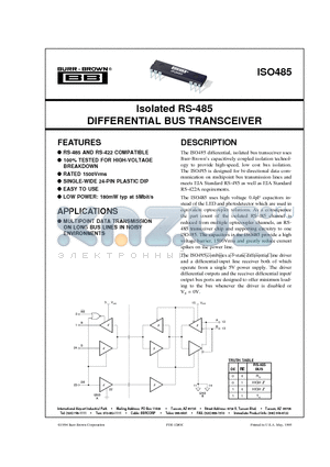 ISO485P datasheet - Isolated RS-485 DIFFERENTIAL BUS TRANSCEIVER