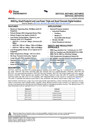 ISO7140FCC datasheet - 4242-VPK Small-Footprint and Low-Power Triple and Quad Channels Digital Isolators