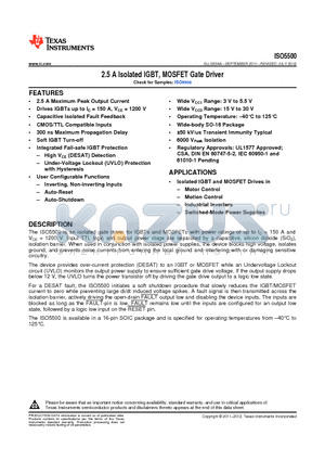 ISO5500 datasheet - 2.5 A Isolated IGBT, MOSFET Gate Driver