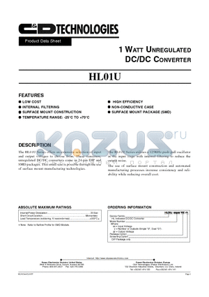 HL01U05D15 datasheet - 1 WATT UNREGULATED DC/DC CONVERTER