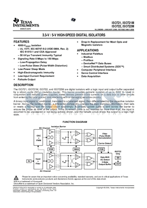 ISO721DR datasheet - 3.3-V / 5-V HIGH-SPEED DIGITAL ISOLATORS