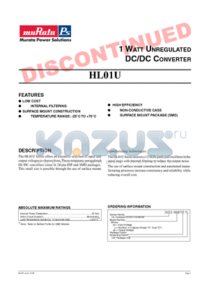 HL01U05D15 datasheet - 1 WATT UNREGULATED DC/DC CONVERTER