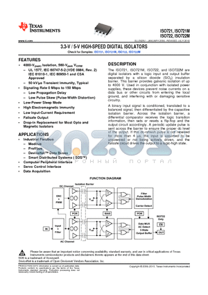 ISO721DUBR datasheet - 3.3-V / 5-V HIGH-SPEED DIGITAL ISOLATORS