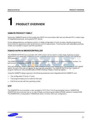 KS86C6104 datasheet - SAM87RI family of 8-bit single-chip CMOS microcontrollers offer fast and efficient CPU, a wide range of integrated peripherals, and supports OTP devic