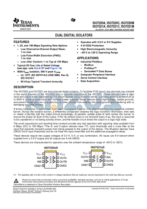 ISO7220AD datasheet - DUAL DIGITAL ISOLATORS