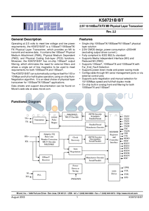 KS8721BI datasheet - 2.5V 10/100BasTX/FX MII Physical Layer Transceiver