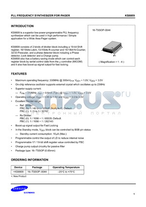 KS8809 datasheet - PLL FREQUENCY SYNTHESIZER FOR PAGER