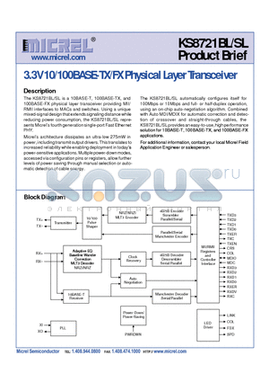 KS8721BL datasheet - 3.3V 10/100 BASE-TX/FX PHYSICAL LAYER TRANSCEIVER