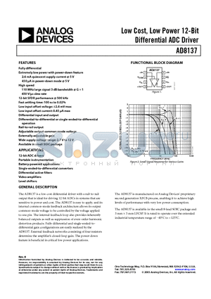 AD8137YCPZ-REEL7 datasheet - Low Cost, Low Power 12-Bit Differential ADC Driver