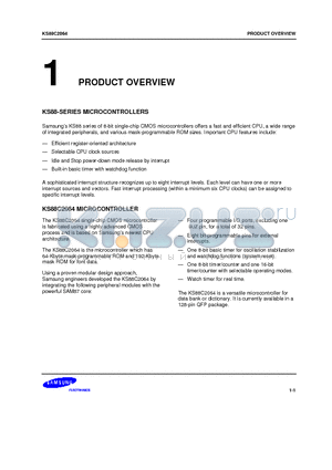 KS88C2064 datasheet - KS88 series of 8-bit single-chip CMOS microcontrollers offers a fast and efficient CPU, a wide range of integrated peripherals, and various mask-progr