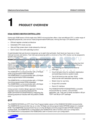 KS88C2416 datasheet - KS88 series of 8-bit single-chip CMOS microcontrollers offers a fast and efficient CPU, a wide range of integrated peripherals, and various mask-progr