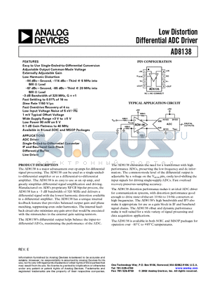 AD8138ARM datasheet - Low Distortion Differential ADC Driver