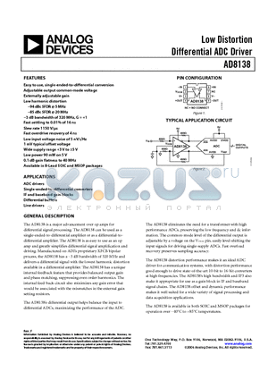 AD8138ARZ-RL datasheet - Low Distortion Differential ADC Driver