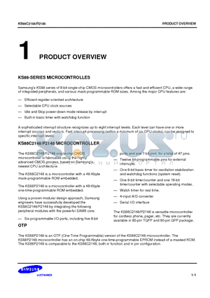 KS88P2148 datasheet - KS88 series of 8-bit single-chip CMOS microcontrollers offers a fast and efficient CPU, a wide range of integrated peripherals, and various mask-progr