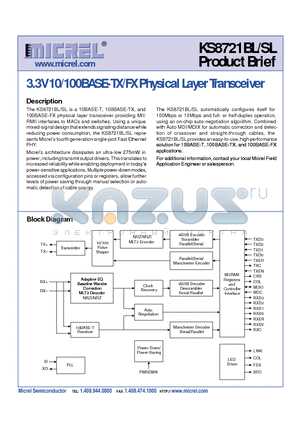 KS8721SL datasheet - 3.3V 10/100 BASE-TX/FX PHYSICAL LAYER TRANSCEIVER