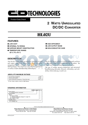 HL02U12D12 datasheet - 2 WATT UNREGULATED DC/DC CONVERTER