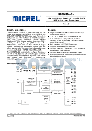 KS8721SL datasheet - 3.3V Single Power Supply 10/100BASE-TX/FX MII Physical Layer Transceiver