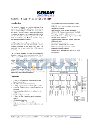 KS8995 datasheet - 5 Port 10/100 Switch with PHY