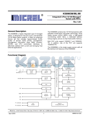 KS8993MI datasheet - Integrated 3-Port 10/100 Managed Integrated 3-Port 10/100 Managed
