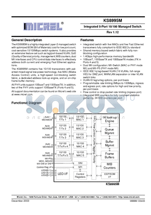 KS8995M datasheet - Integrated 5-Port 10/100 Managed Switch