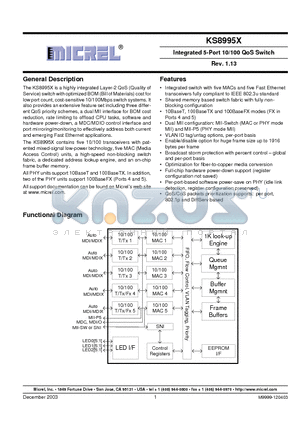 KS8995X_04 datasheet - Integrated 5-Port 10/100 QoS Switch