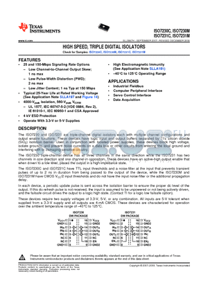 ISO7230CDW datasheet - HIGH SPEED, TRIPLE DIGITAL ISOLATORS