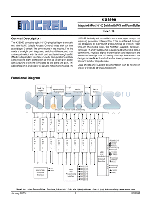 KS8999I datasheet - Integrated 9-Port 10/100 Switch with PHY and Frame Buffer
