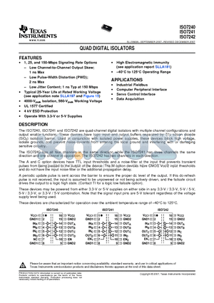 ISO7240ADWRG4 datasheet - QUAD DIGITAL ISOLATORS