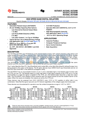 ISO7240CDW datasheet - HIGH SPEED QUAD DIGITAL ISOLATORS