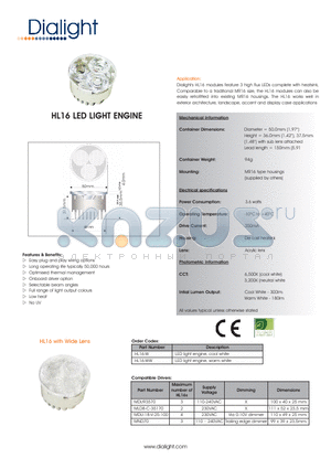 HL16-WW datasheet - HL16 LED LIGHT ENGINE