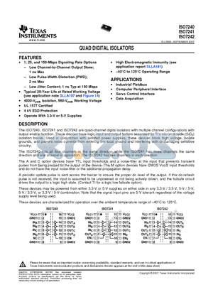 ISO7240 datasheet - QUAD DIGITAL ISOLATORS